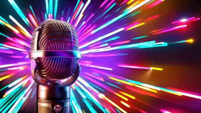 A microphone with neon lights in the background