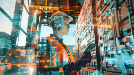 A logistics worker in a safety vest analyzes data on a tablet, surrounded by containers and digital technology elements representing modern shipping