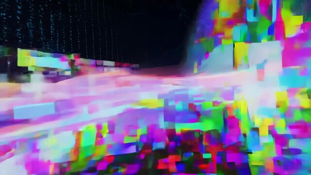 Abstract digital landscape background. Glitch, distortions and pixelization effect. Glitchy futuristic city, surreal cityscape. Cyberpunk aesthetics. Retro, retrowave, synthwave
