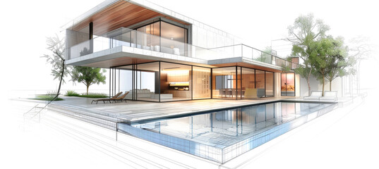 A sleek, modern cottage with floor-to-ceiling glass windows and a swimming pool, envisioned in a 3D rendering against a white background