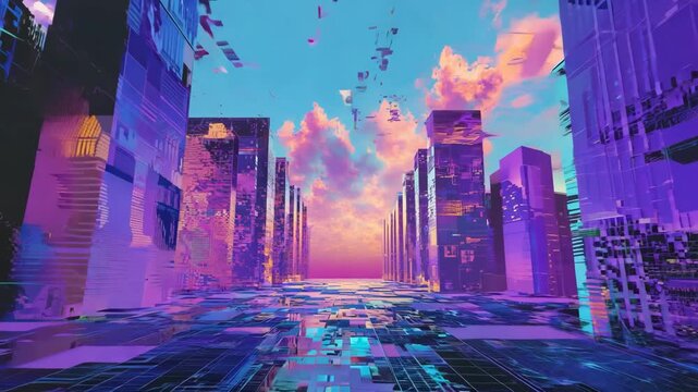Abstract digital landscape background. Glitch, distortions and pixelization effect. Glitchy futuristic city, surreal cityscape. Cyberpunk aesthetics. Retro, retrowave, synthwave