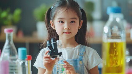 A young girl, with dark hair tied back in pigtails, looks intently at the microscope in her hands. She is wearing a white shirt and blue overalls. The background is blurred