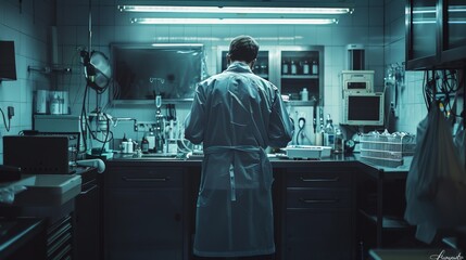 The mysterious scene of a doctor in a lab coat, preparing for surgery in an operating room. 