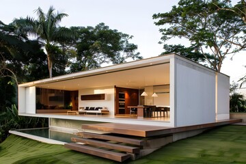 Modern Minimalist House with a Swimming Pool and a Wooden Deck