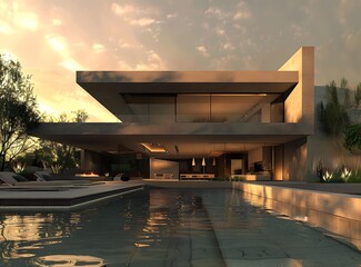 Fototapeta premium Modern Minimalist Architecture House Design with Swimming Pool and Sunset Sky