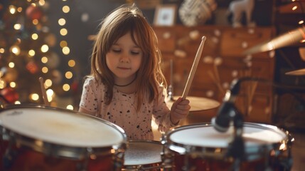 Obraz premium A young girl is playing drums in a room with Christmas decorations