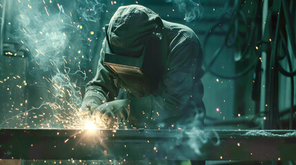 A skilled welder works diligently in a dimly lit workshop, creating brilliant sparks as they shape stainless steel with precision