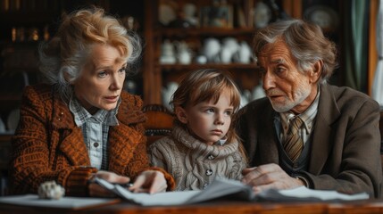 The first-grade girl is doing her homework with her grandmother and grandfather, encouragement as they patiently helped her sound out words and solve simple math problems.