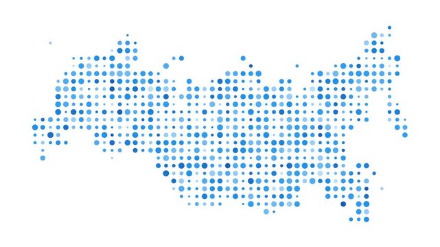 Russia dotted digital map. Map of Russia with pulsating colored circles. Shape of the country filled with blue disks. Beautiful video.