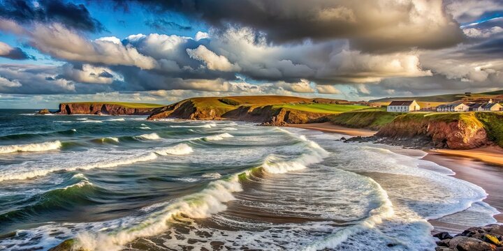 Scenic landscape of Eyemouth coastline with waves crashing on the beach and dramatic sky , Eyemouth, Killies, St Abbs, sea, sky