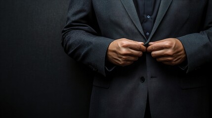The Confidence of Preparation: A businessman adjusts his suit jacket, exuding an aura of quiet confidence and readiness against a dark background. 