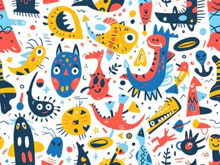 Playful Abstract Pattern with Hidden Whimsical Elements for Sticker or Shirt Design