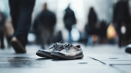 A pair of shoes abandoned on a bustling city street, symbolizing a forgotten journey amidst the constant movement of urban life. The image contrasts stillness and motion.