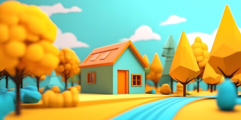 Fototapeta premium Low Poly House In Autumn Landscape