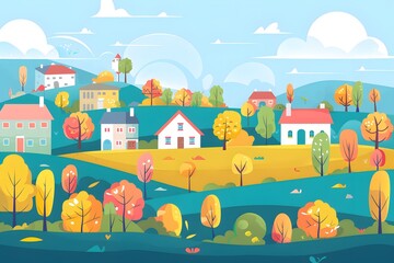 Fototapeta premium Autumn Village Landscape Illustration