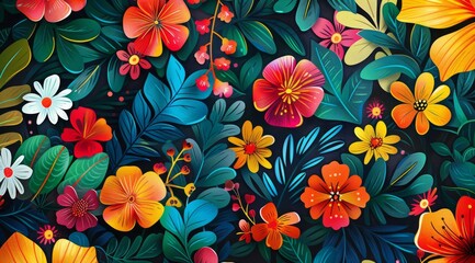 A vibrant design with colorful flowers and lush green leaves creates an impressive botanical display