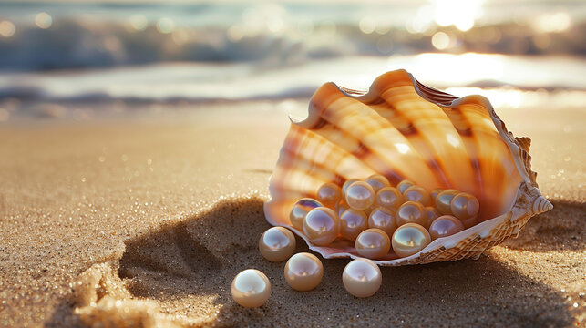 A realistic photo of a seashell filled with pearls on a sandy beach with a sparkling sea in the background