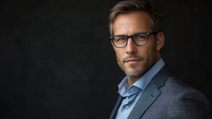 Confident Businessman Portrait: A professional and composed man in a suit and glasses looks directly at the camera with a serious expression.  His gaze conveys determination and focus.  This portrait 