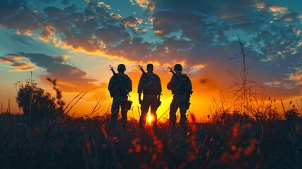 Fototapeta premium Three soldiers stand in a field at sunset, silhouetted against a vibrant sky with light clouds. This is a dramatic heroic scene and can be used for military themed projects or motivational posters. AI