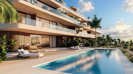 Fototapeta premium Modern Tropical Villa with Infinity Pool and Lush Greenery
