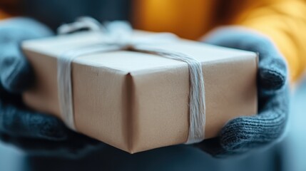 Fototapeta premium A person wearing gloves is holding a neatly wrapped parcel with a tied string, indicating attention to detail and the surprise of receiving a gift in a cozy outdoor setting.