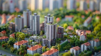 A model of a city with tall buildings and green trees