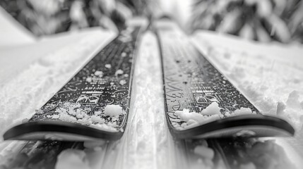 Two black and white skis resting in the snow, captured from a low angle to emphasize the tips and snowy texture.