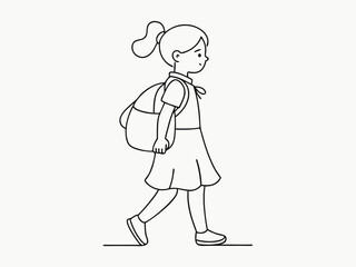 continuous single line drawing of elementary school student girl with school bag, line art vector illustration
