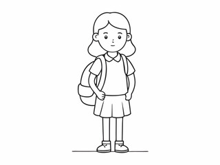 continuous single line drawing of elementary school student girl with school bag, line art vector illustration
