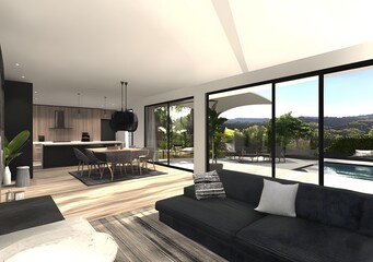 Obraz premium Modern Home Interior Design With Open Concept Kitchen And Living Room