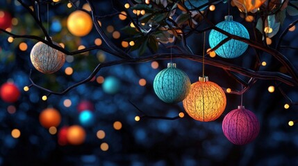 Obraz premium Colorful decorative lights hanging from branches, creating a festive atmosphere in a twilight garden setting.