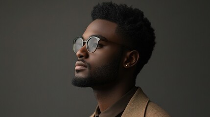 Obraz premium Visionary Gaze: A stylish young Black man in round glasses contemplates the future against a muted backdrop, his expression a blend of hope and determination. 