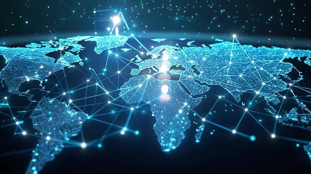 A view of a blue digital world map showing illuminated connections linking various global locations in a starry night setting