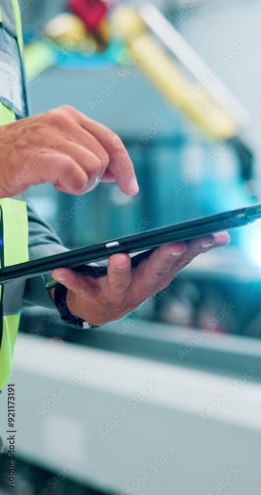 Aufkleber Machine, person and hands with tablet in factory for design review, inspection results and compliance reports. Closeup, robotics facility and engineer with technical manual or system configuration.