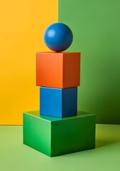 Obraz premium Abstract Minimalist Composition of Colorful Cubes and Sphere on Green Background