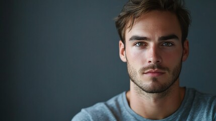 Obraz premium Intense Gaze: A portrait of a young man with piercing blue eyes and a contemplative expression, conveying a sense of depth and introspection. 