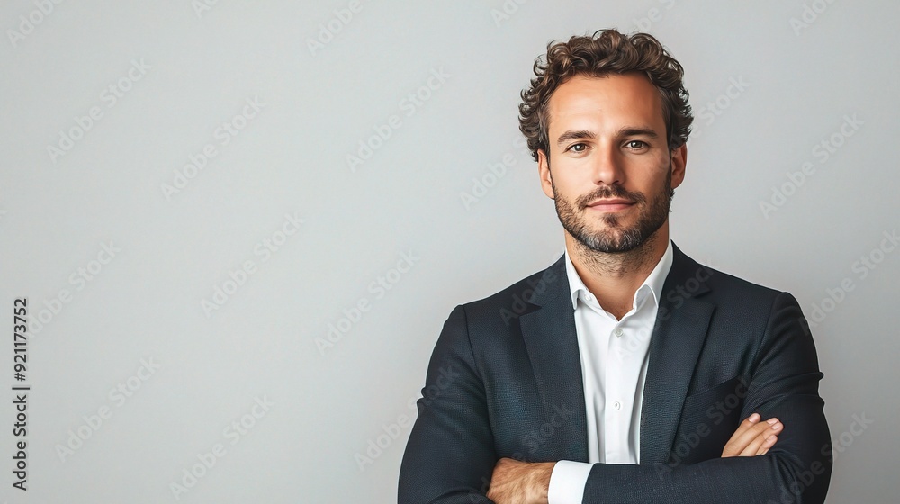 Sticker The Confident Executive: A portrait of a serious businessman with arms crossed, exuding an aura of authority and determination against a neutral backdrop. 