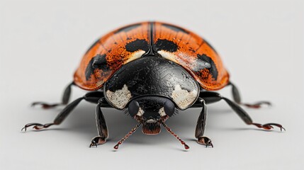 Detailed close-up of a ladybug showcasing its vibrant orange and black pattern and head features.