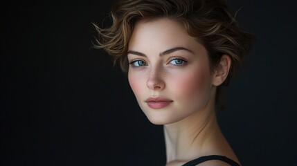 Fototapeta premium The Captivating Gaze: A portrait of a young woman with short, wavy hair, captivating the viewer with her piercing blue eyes. 