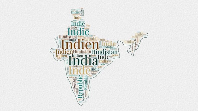 India logo animation. India boundary word cloud animation. Video of country names in multiple languages popping out on paper style background. Country opening, intro, presentation video.