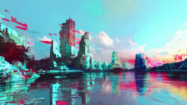 Abstract digital landscape background. Glitch, distortions and pixelization effect. Glitchy futuristic city, surreal cityscape. Cyberpunk aesthetics. Retro, retrowave, synthwave