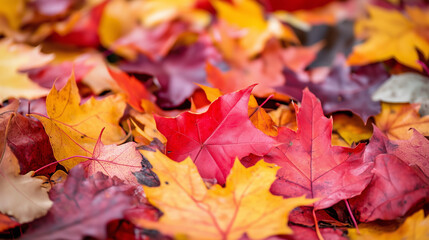 Vibrant Autumn Leaves in Various Colors, Close-Up of Fall Foliage on the Ground