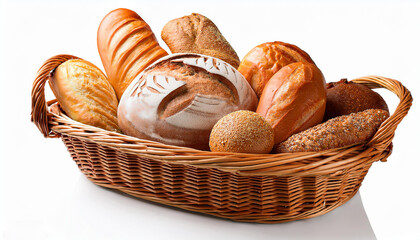 bread and buns in a white wicker basket