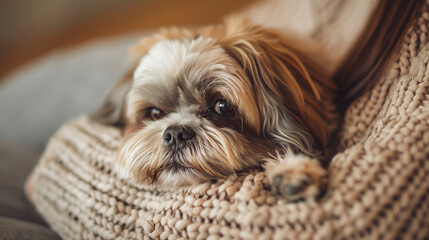  A realistic photo of a Shih Tzu dog faithfully looking at its owner while lying on a cozy blanket