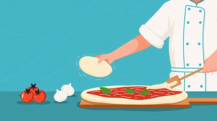 Naklejka premium Pizzeria, chef tossing pizza dough, flat design illustration