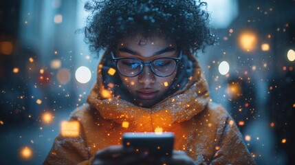 A young person with glasses, deeply focused on their smartphone, surrounded by glowing digital particles in a cold, urban setting.

