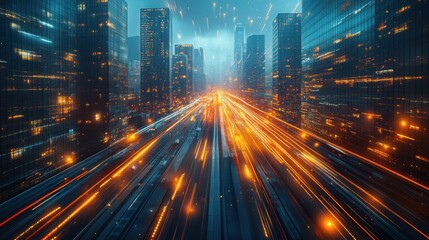 Fototapeta premium A high-speed view of a futuristic city with skyscrapers, showcasing streaks of light from fast-moving vehicles on a busy highway.