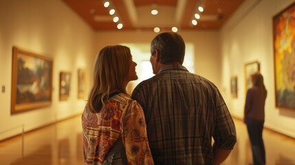 A couple is standing in front of a painting in a museum