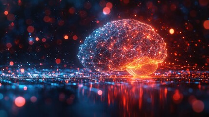 Fototapeta premium A glowing brain with intricate neural connections, set against a vibrant background of abstract lights.