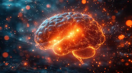 Naklejka premium A vibrant, glowing brain with intricate neural networks, representing the fusion of technology and cognitive processes.